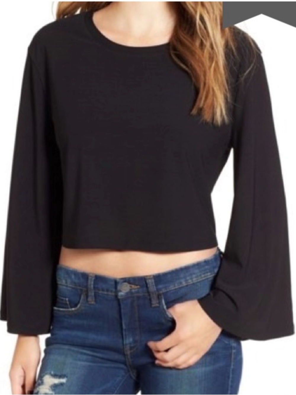 Leith Black Bell Sleeve Crop Top Blouse Size M